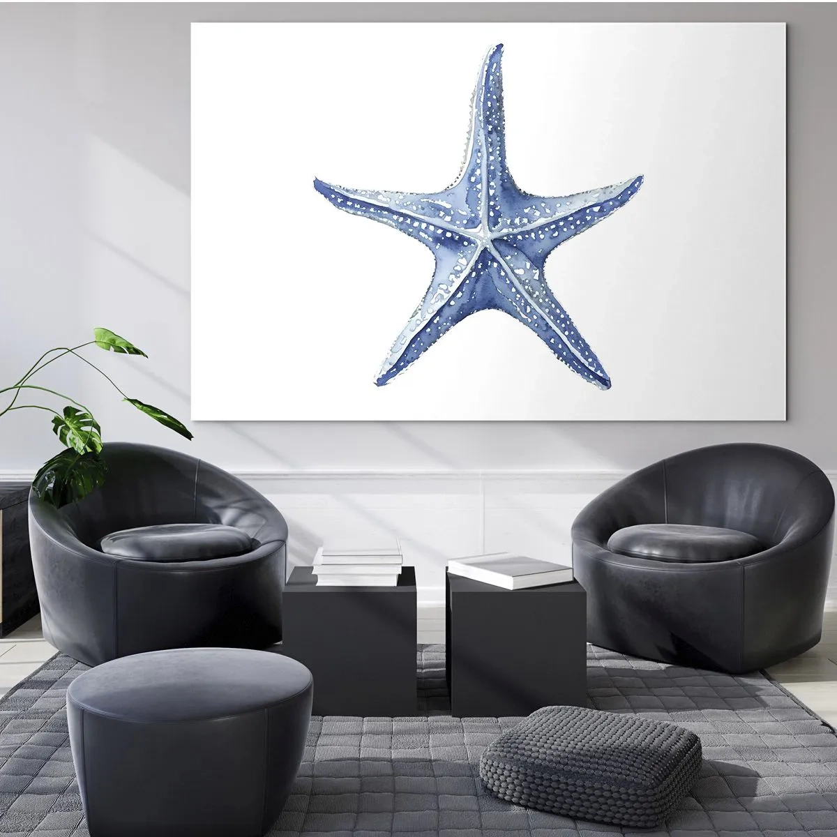 Glasbild - Bild auf glas - Blauer Seestern auf weißem Hintergrund im Aquarellstil - 70x50cm - Stern des Meeres - Moderne Wanddekoration für Wohnzimmer und Schlafzimmer ARTTOR