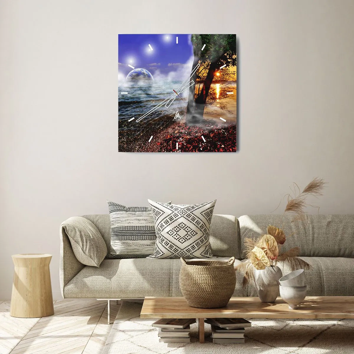 Wanduhr - Glasuhr - Surreale Landschaft - Einheit der Natur - 40x40 cm