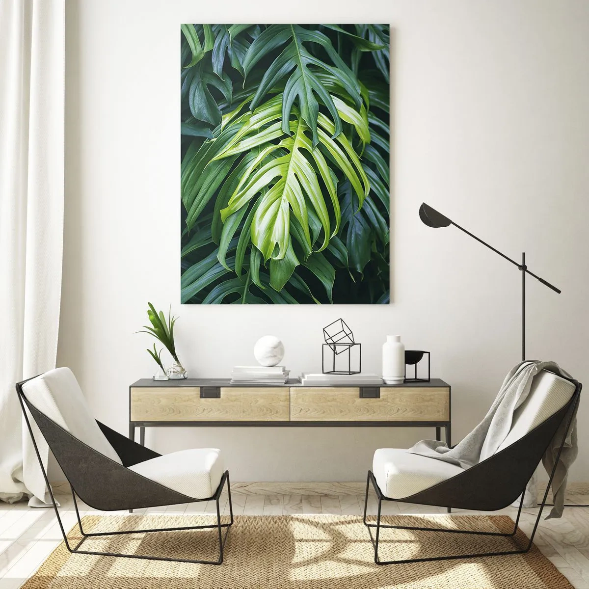 Glasbild - Bild auf glas - Üppig grüne Monstera-Blätter im natürlichen Licht - 50x70cm - Tauchen Sie ein in die Frische - Moderne Wanddekoration für Wohnzimmer und Schlafzimmer ARTTOR