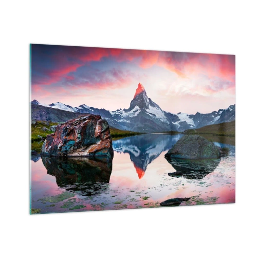 Glasbild - Bild auf glas - Ein Berggipfel spiegelt sich bei Sonnenuntergang in der ruhigen Oberfläche eines Sees - 100x70cm - Das Herz der Berge ist heiß - Moderne Wanddekoration für Wohnzimmer und Schlafzimmer ARTTOR