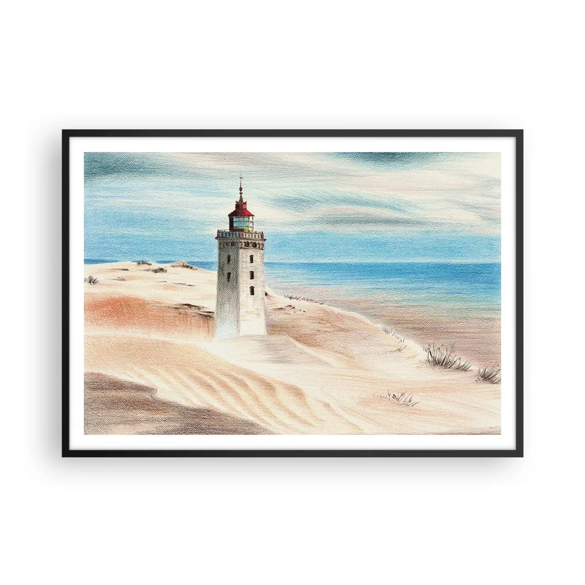 Poster in einem schwarzem Rahmen - Ein Leuchtturm, umgeben von Sanddünen und blauem Himmel - 100x70cm - Immer aufs Meer starrend - Moderne Wanddekoration für Wohnzimmer und Schlafzimmer ARTTOR