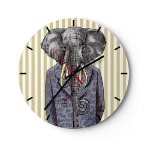 Wanduhr - Glasuhr - Eine elegante Zeichnung eines Elefanten im Anzug vor einem Hintergrund aus vertikalen Streifen. - 30x30cm - Von Natur aus elegant - Moderne Wanddekoration für Wohnzimmer, Küche und Schlafzimmer ARTTOR