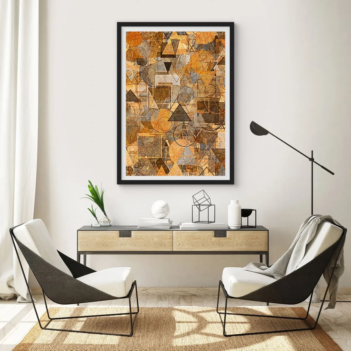 Poster in einem schwarzem Rahmen - Goldene abstrakte geometrische Komposition - 50x70cm - Die Welt in Form - Moderne Wanddekoration für Wohnzimmer und Schlafzimmer ARTTOR