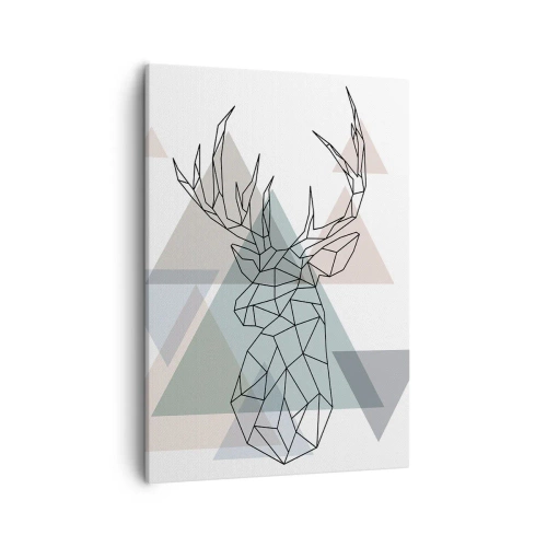 Bild auf Leinwand - Leinwandbild - Geometrischer Hirsch auf einem Hintergrund aus pastellfarbenen Dreiecken - 50x70cm - In einem geometrischen Wald - Moderne Wanddekoration für Wohnzimmer und Schlafzimmer ARTTOR