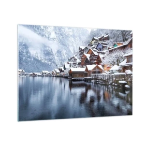 Glasbild - Bild auf glas - Ein Bergdorf an einem schneebedeckten See in einer Winterlandschaft - 70x50cm - In winterlicher Dekoration - Moderne Wanddekoration für Wohnzimmer und Schlafzimmer ARTTOR