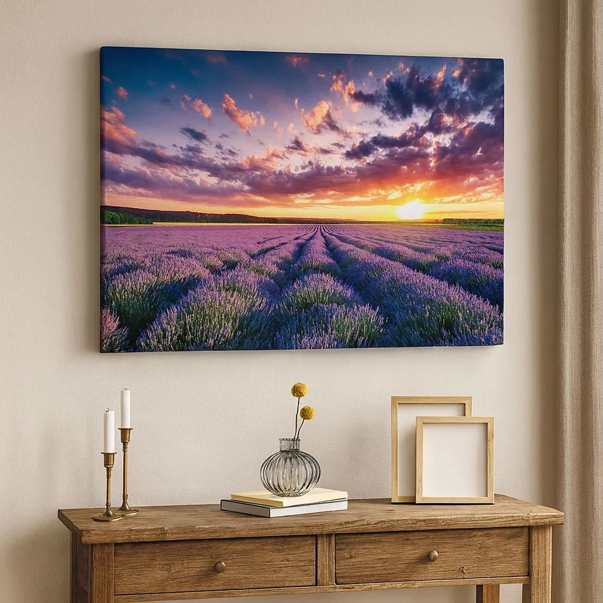 Bild auf Leinwand - Leinwandbild - Ein Lavendelfeld bei Sonnenuntergang mit einem farbenfrohen Himmel - 70x50cm - Lavendel Welt - Moderne Wanddekoration für Wohnzimmer und Schlafzimmer ARTTOR