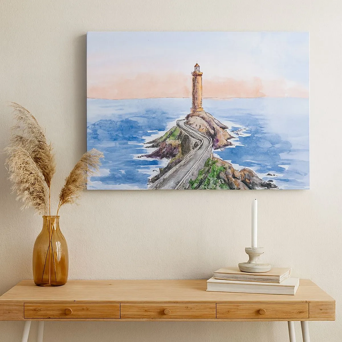 Bild auf Leinwand - Leinwandbild - Ein Leuchtturm an einer felsigen Küste - 70x50cm - Dem Meer zugewandt - Moderne Wanddekoration für Wohnzimmer und Schlafzimmer ARTTOR