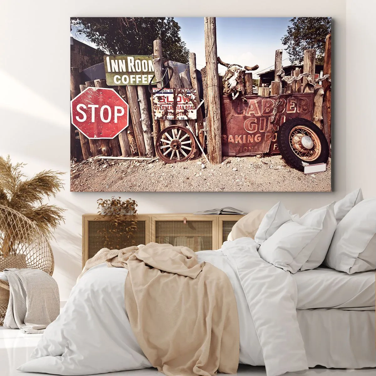 Bild auf Leinwand - Leinwandbild - Rustikale Dekoration mit Schildern und einem Rad am Zaun - 70x50cm - Und die Zeit ist stehen geblieben - Moderne Wanddekoration für Wohnzimmer und Schlafzimmer ARTTOR