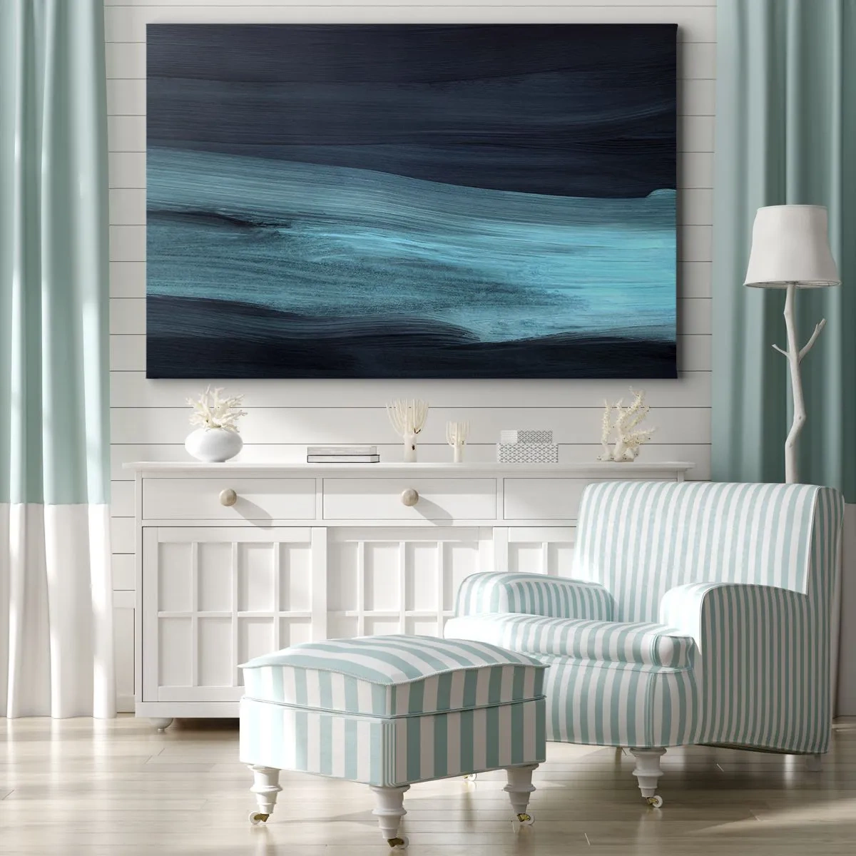 Bild auf Leinwand - Leinwandbild - Dezente abstrakte Wellen in dunklen Blautönen - 70x50cm - Gehen Sie mit dem Strom - Moderne Wanddekoration für Wohnzimmer und Schlafzimmer ARTTOR