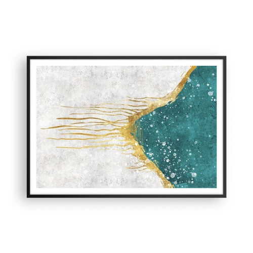 Poster in einem schwarzem Rahmen - Eine abstrakte Komposition in Gold- und Türkistönen - 100x70cm - Goldene Flut - Moderne Wanddekoration für Wohnzimmer und Schlafzimmer ARTTOR