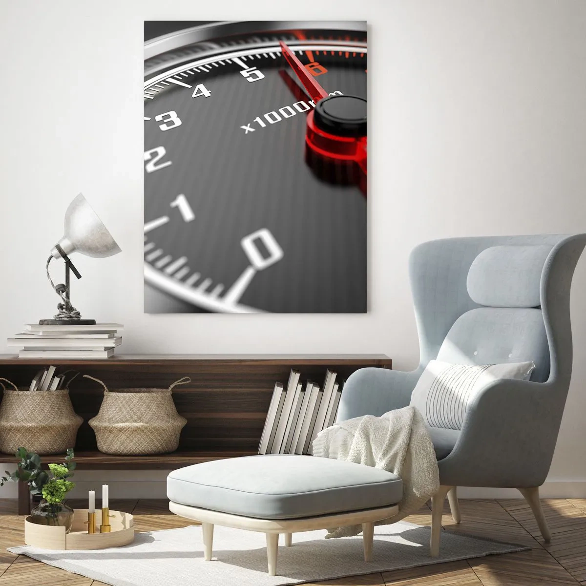 Glasbild - Bild auf glas - Nahaufnahme des Drehzahlmessers mit der roten Nadel - 80x120cm - Vollgas! - Moderne Wanddekoration für Wohnzimmer und Schlafzimmer ARTTOR