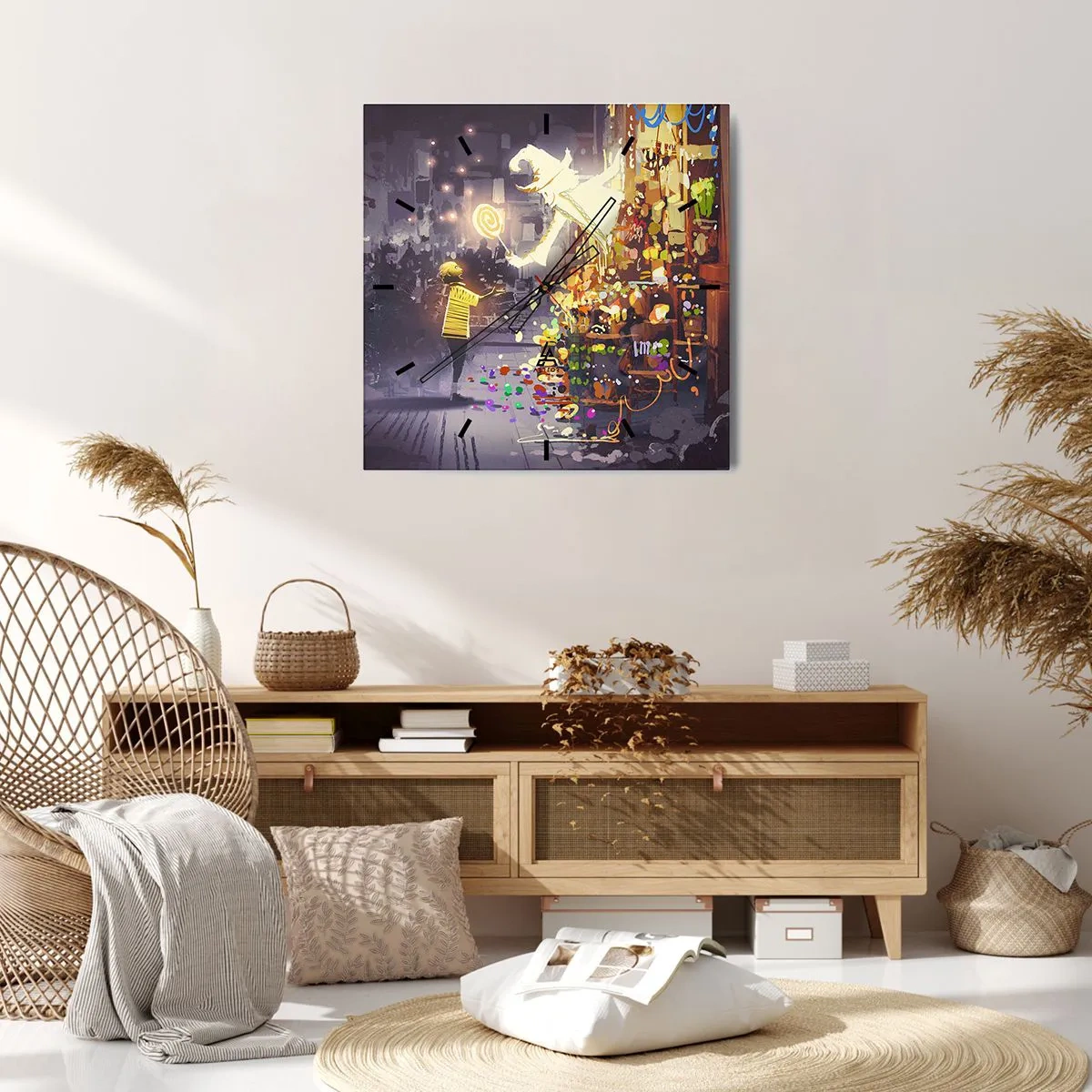 Wanduhr - Glasuhr - Eine Märchenfigur und ein Kind auf einer Straße voller Lichter und Magie - 30x30cm - Magie ist da - Moderne Wanddekoration für Wohnzimmer und Schlafzimmer ARTTOR