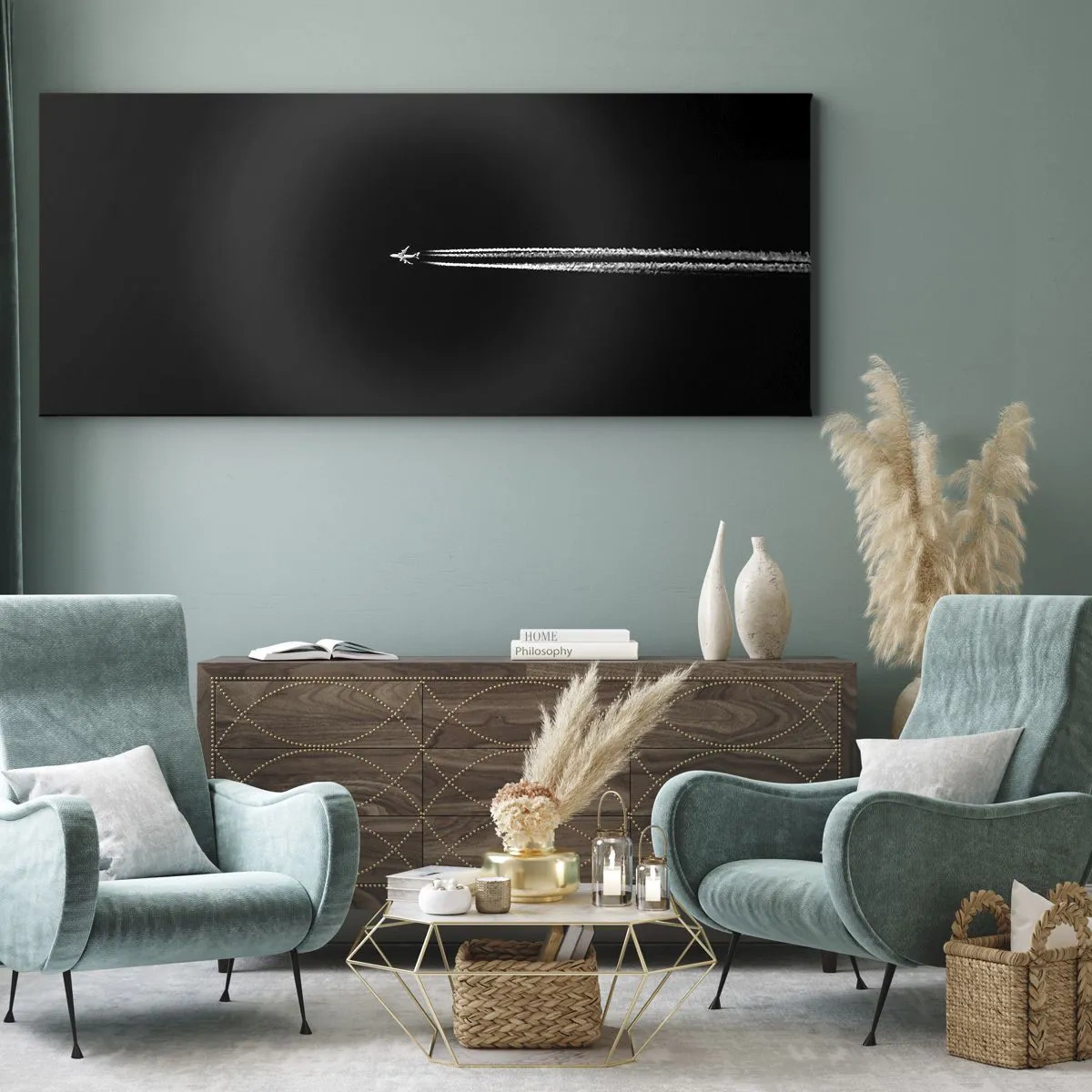 Bild auf Leinwand - Leinwandbild - Ein Düsenflugzeug mit sichtbarem Kondensstreifen auf schwarzem Hintergrund - 120x50cm - In eine andere Dimension - Moderne Wanddekoration für Wohnzimmer und Schlafzimmer ARTTOR