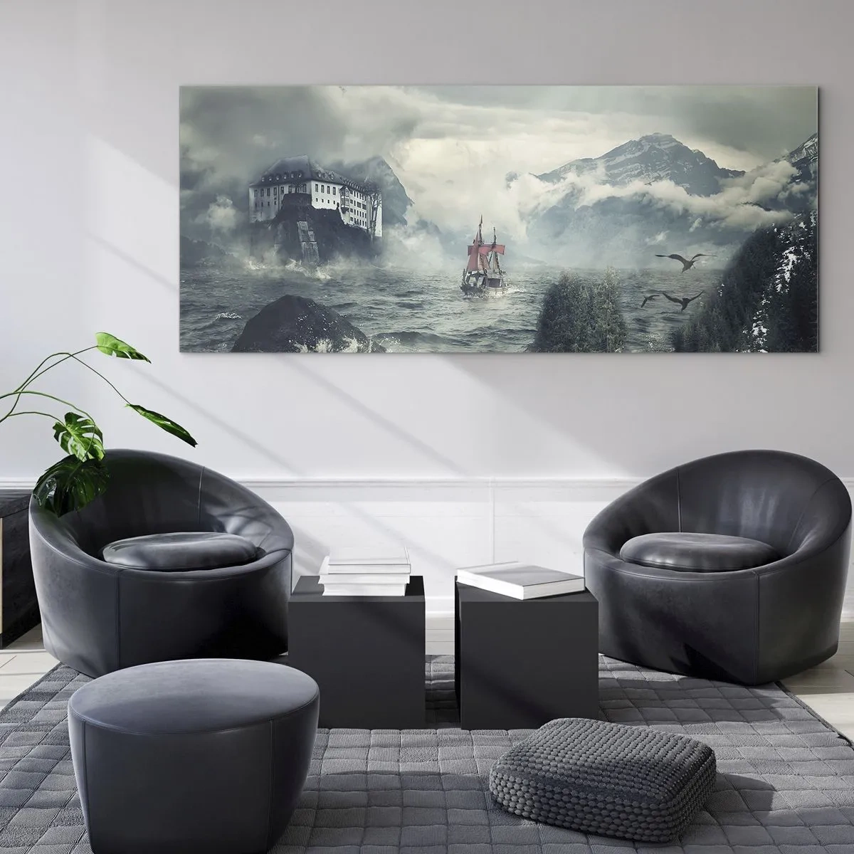 Glasbild - Bild auf glas - Eine geheimnisvolle Landschaft mit einem Schloss, Bergen und einem Schiff - 140x50cm - In magischen Gewässern - Moderne Wanddekoration für Wohnzimmer und Schlafzimmer ARTTOR