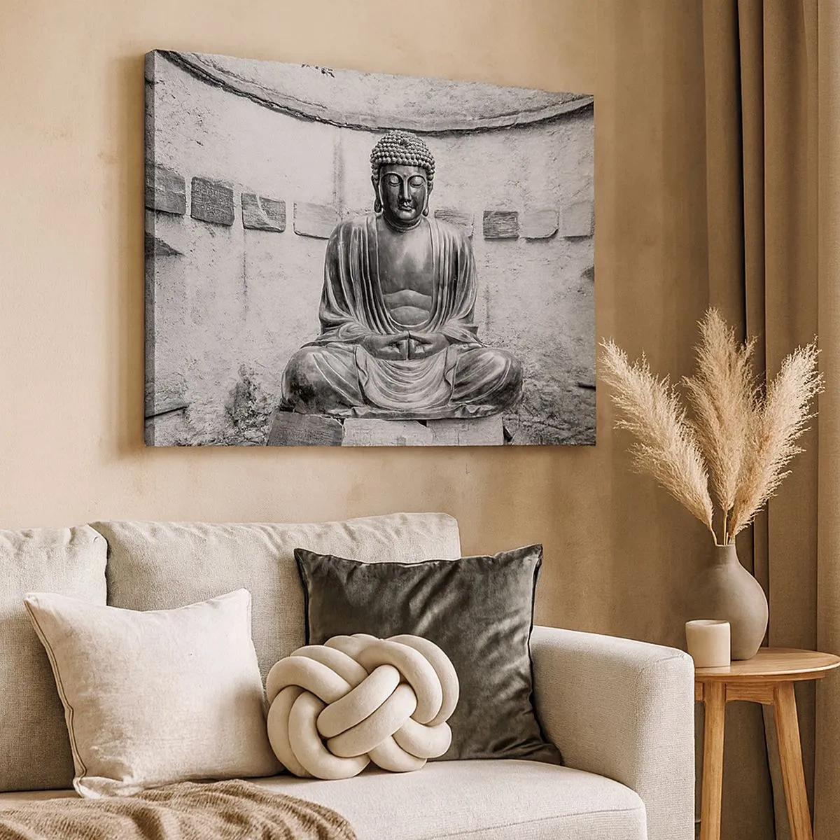 Bild auf Leinwand - Leinwandbild - Schwarz-weiße Buddha-Statue in meditativer Pose - 70x50cm - An der Quelle des Friedens - Moderne Wanddekoration für Wohnzimmer und Schlafzimmer ARTTOR
