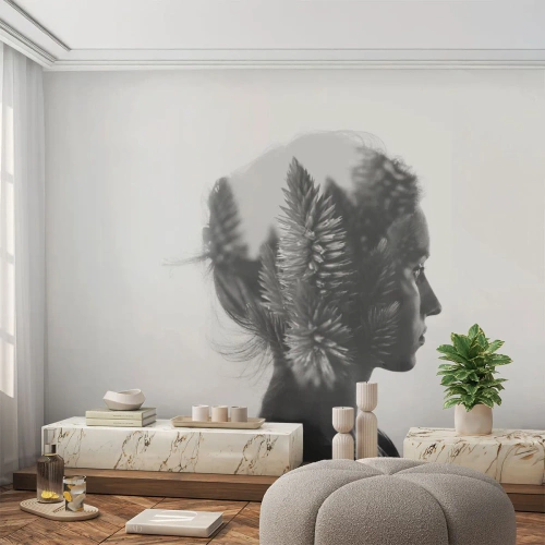 Fototapete Standard Eco - Doppelbelichtung einer Frau und Pflanzen in Schwarzweiß - 100x70cm - Dame des Kiefernwaldes - Moderne Wanddekoration für Wohnzimmer und Schlafzimmer ARTTOR