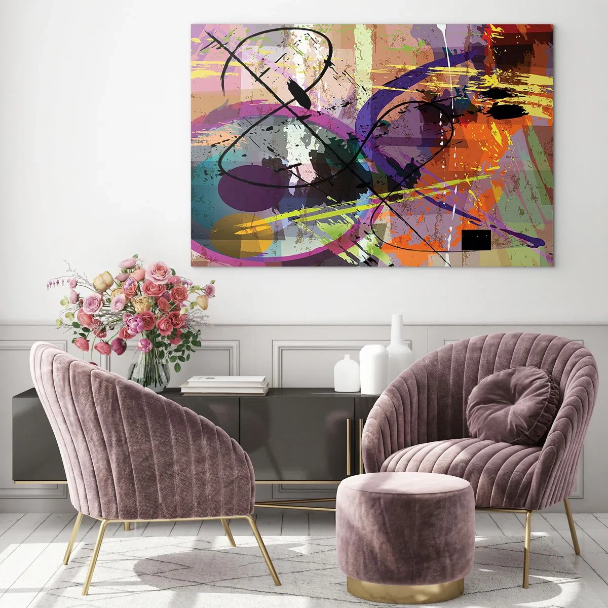 Glasbild - Bild auf glas - Bunte abstrakte Formen und Linien in einer dynamischen Komposition - 70x50cm - Du kannst geradeaus oder umhergehen - Moderne Wanddekoration für Wohnzimmer und Schlafzimmer ARTTOR