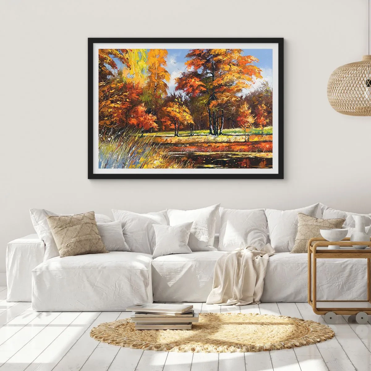 Poster in einem schwarzem Rahmen - Herbstlandschaft mit bunten Bäumen und einem Teich - 70x50cm - Landschaft in Gold und Bronze - Moderne Wanddekoration für Wohnzimmer und Schlafzimmer ARTTOR