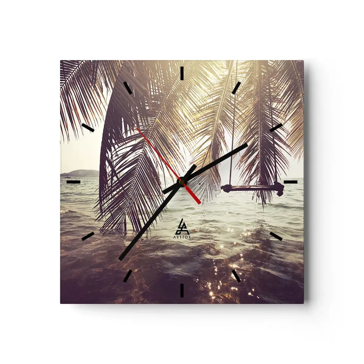 Wanduhr - Glasuhr - Palme mit Schaukel über dem Wasser im Sonnenlicht - 30x30cm - Sie können nach Belieben in den Wolken schwingen - Moderne Wanddekoration für Wohnzimmer und Schlafzimmer ARTTOR