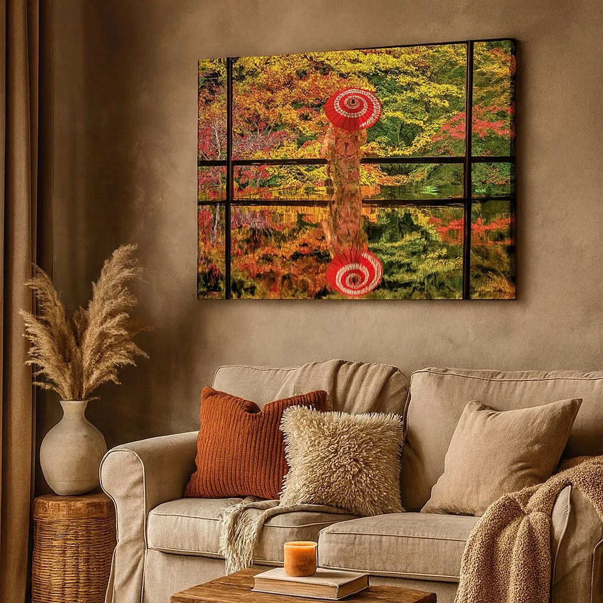 Bild auf Leinwand - Leinwandbild - Eine Frau im Kimono mit Regenschirm vor dem Hintergrund einer Herbstlandschaft. - 70x50cm - Im Tempel der Natur - Moderne Wanddekoration für Wohnzimmer und Schlafzimmer ARTTOR