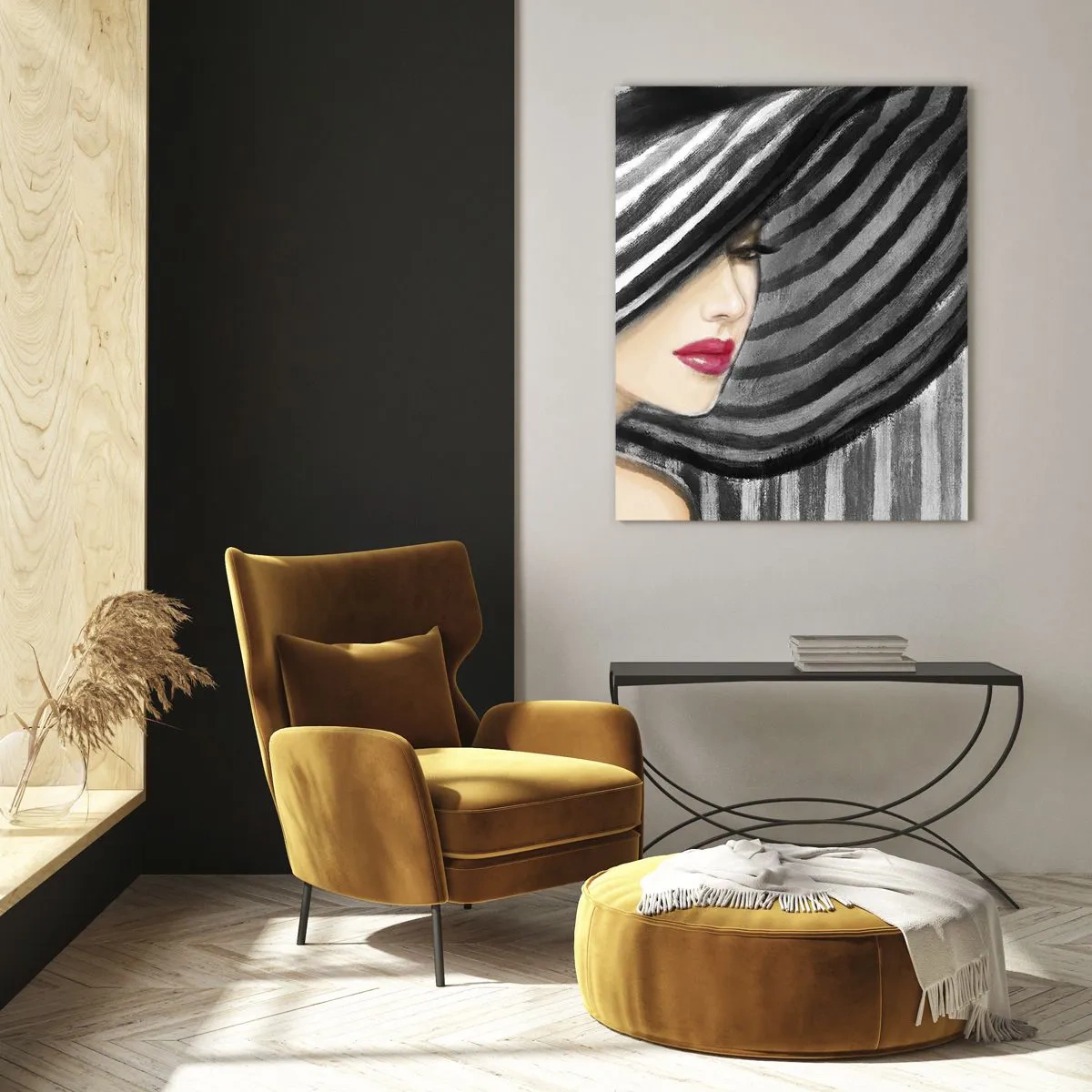 Glasbild - Bild auf glas - Stilvolle Frau mit schwarz-weiß gestreiftem Hut - 50x70cm - Wo soll ich dich finden? - Moderne Wanddekoration für Wohnzimmer und Schlafzimmer ARTTOR
