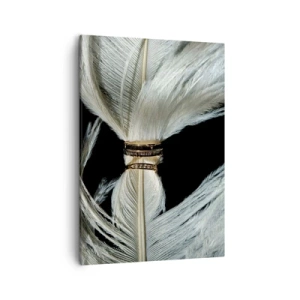 Bild auf Leinwand - Leinwandbild - Eine weiße Feder mit zwei goldenen Ringen auf schwarzem Hintergrund - 50x70cm - ... und ich werde dich nicht verlassen ... - Moderne Wanddekoration für Wohnzimmer und Schlafzimmer ARTTOR