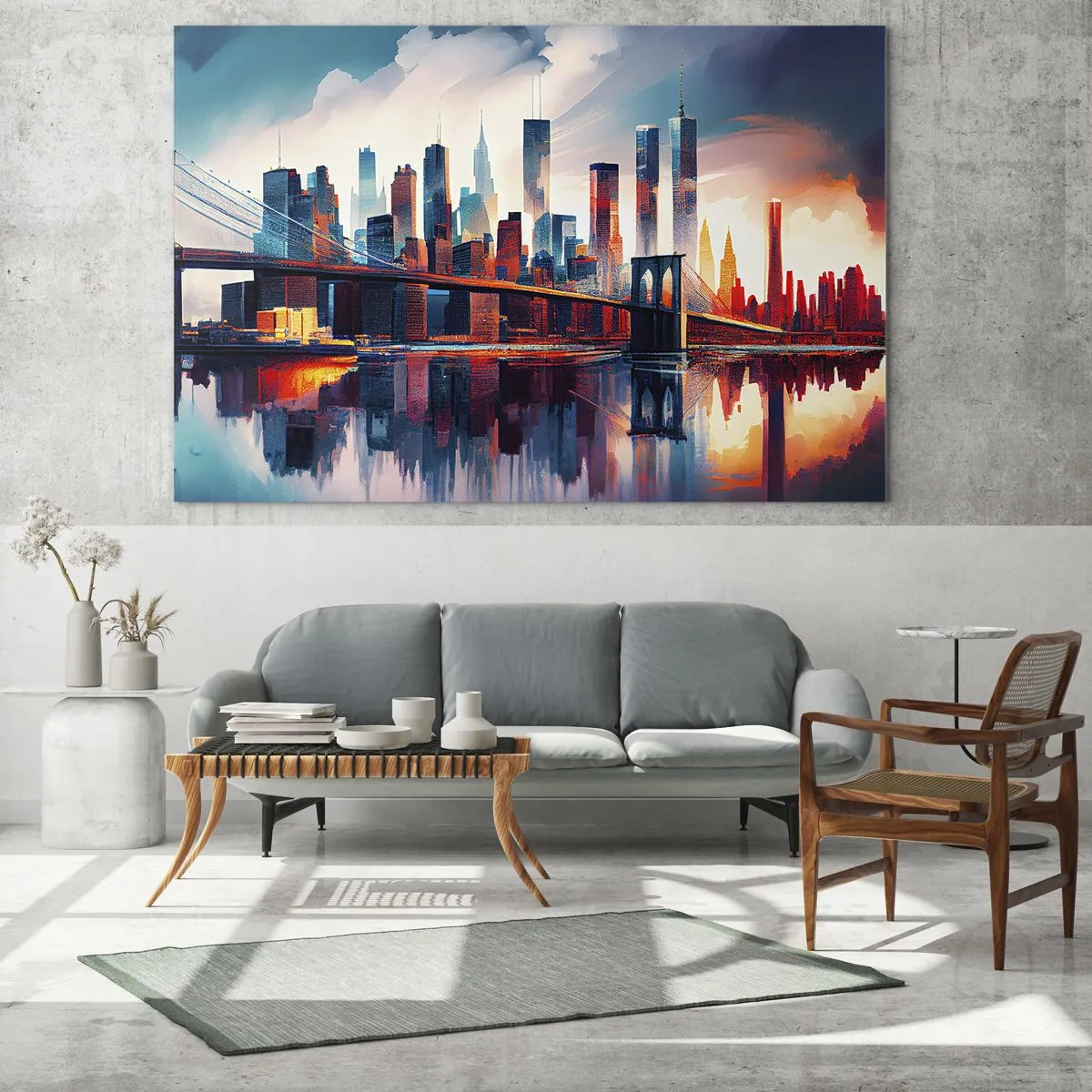 Glasbild - Bild auf glas - Panorama der Stadt mit einer Brücke vor dem bunten Himmel und Spiegelung im Wasser - 70x50cm - Traumhaftes New York - Moderne Wanddekoration für Wohnzimmer und Schlafzimmer ARTTOR