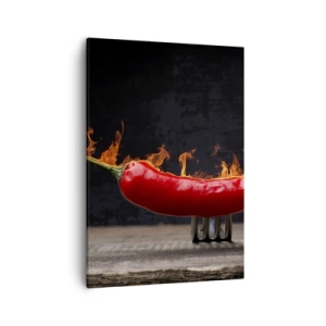 Bild auf Leinwand - Leinwandbild - Feurige rote Paprika auf einer Gabel - 50x70cm - Eine feurige Vorspeise - Moderne Wanddekoration für Wohnzimmer und Schlafzimmer ARTTOR