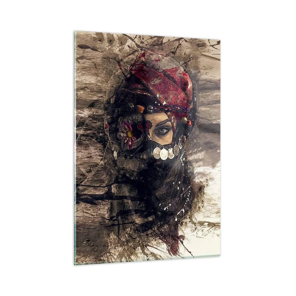 Glasbild - Bild auf glas - Porträt einer geheimnisvollen Frau mit rotem Turban - 50x70cm - Gelinde gesagt besorgniserregend - Moderne Wanddekoration für Wohnzimmer und Schlafzimmer ARTTOR