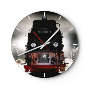 Wanduhr - Glasuhr - Eine Dampflokomotive im Retro-Stil, umgeben von Nebel - 30x30cm - Er steht und keucht, seufzt und pustet - Moderne Wanddekoration für Wohnzimmer, Küche und Schlafzimmer ARTTOR
