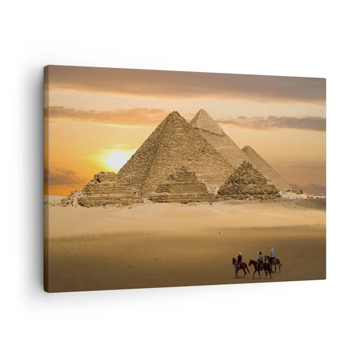 Bild auf Leinwand - Leinwandbild - Pyramiden in Ägypten bei Sonnenuntergang mit Reitern auf Pferden - 70x50cm - Seit Tausenden von Jahren keine Veränderung - Moderne Wanddekoration für Wohnzimmer und Schlafzimmer ARTTOR