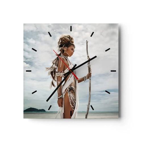 Wanduhr - Glasuhr - Stilisierte Frau am Strand mit ethnischen Ornamenten und einem Stock - 30x30cm - Königin der Tropen - Moderne Wanddekoration für Wohnzimmer und Schlafzimmer ARTTOR