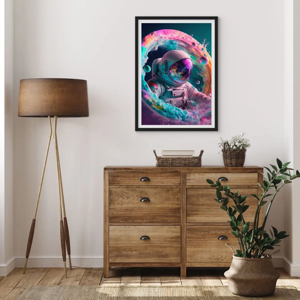 Poster in einem schwarzem Rahmen - Astronaut in einer Weltraumumgebung voller bunter Nebel - 50x70cm - Sternentor - Moderne Wanddekoration für Wohnzimmer und Schlafzimmer ARTTOR