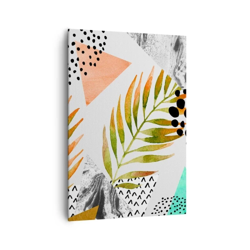 Bild auf Leinwand - Leinwandbild - Tropisches Muster mit Blättern und geometrischen Formen - 70x100cm - Dekoration mit Palmblatt - Moderne Wanddekoration für Wohnzimmer und Schlafzimmer ARTTOR