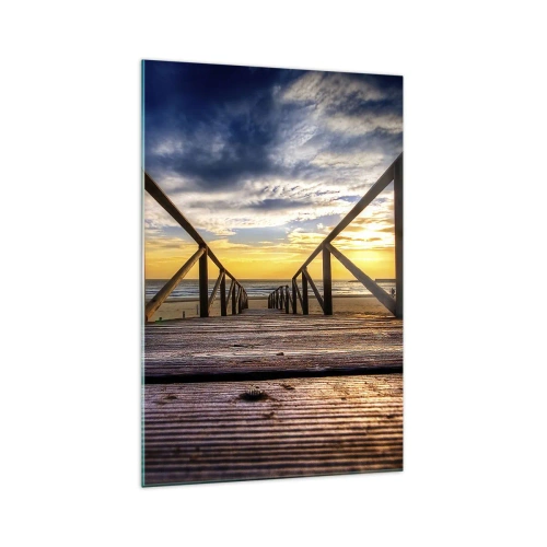 Glasbild - Bild auf glas - Holzsteg zum Strand bei Sonnenuntergang - 70x100cm - Direkt zum ruhigen Strand bei Sonnenuntergang - Moderne Wanddekoration für Wohnzimmer und Schlafzimmer ARTTOR