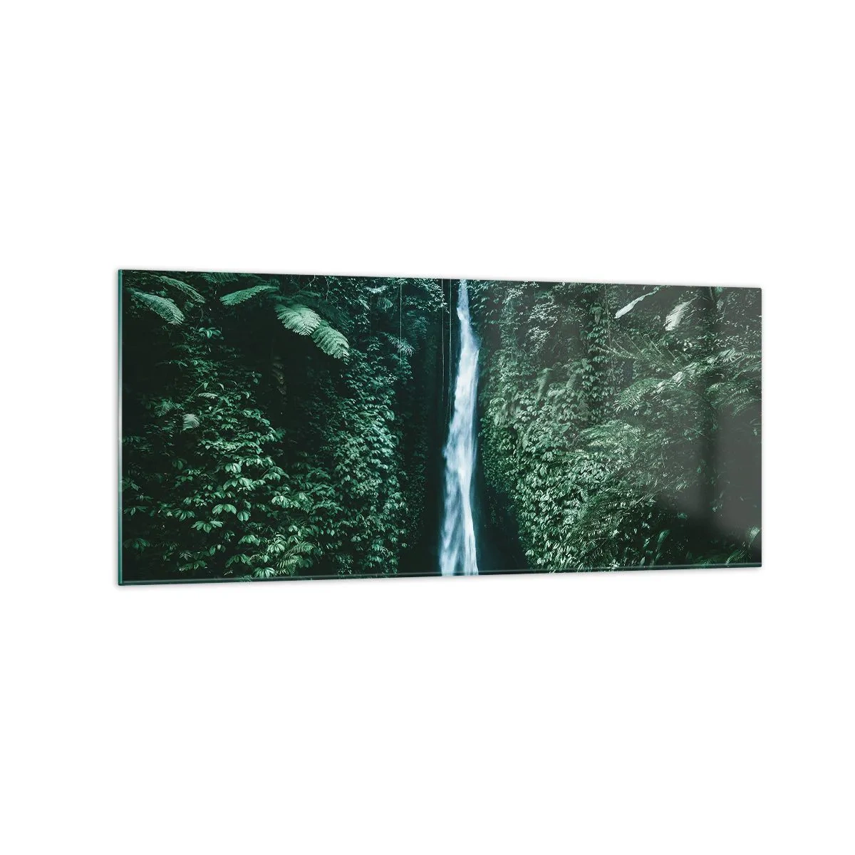 Glasbild - Bild auf glas - Ein Wasserfall, umgeben von dichter tropischer Vegetation - 120x50cm - Tropisches Spa - Moderne Wanddekoration für Wohnzimmer und Schlafzimmer ARTTOR