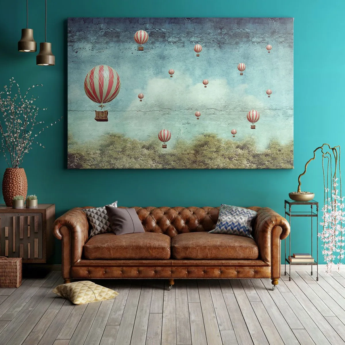 Bild auf Leinwand - Leinwandbild - Retro-Ballons vor blauem Himmel und grünem Hintergrund - 120x80cm - Frei von der Hektik des Lebens - Moderne Wanddekoration für Wohnzimmer und Schlafzimmer ARTTOR
