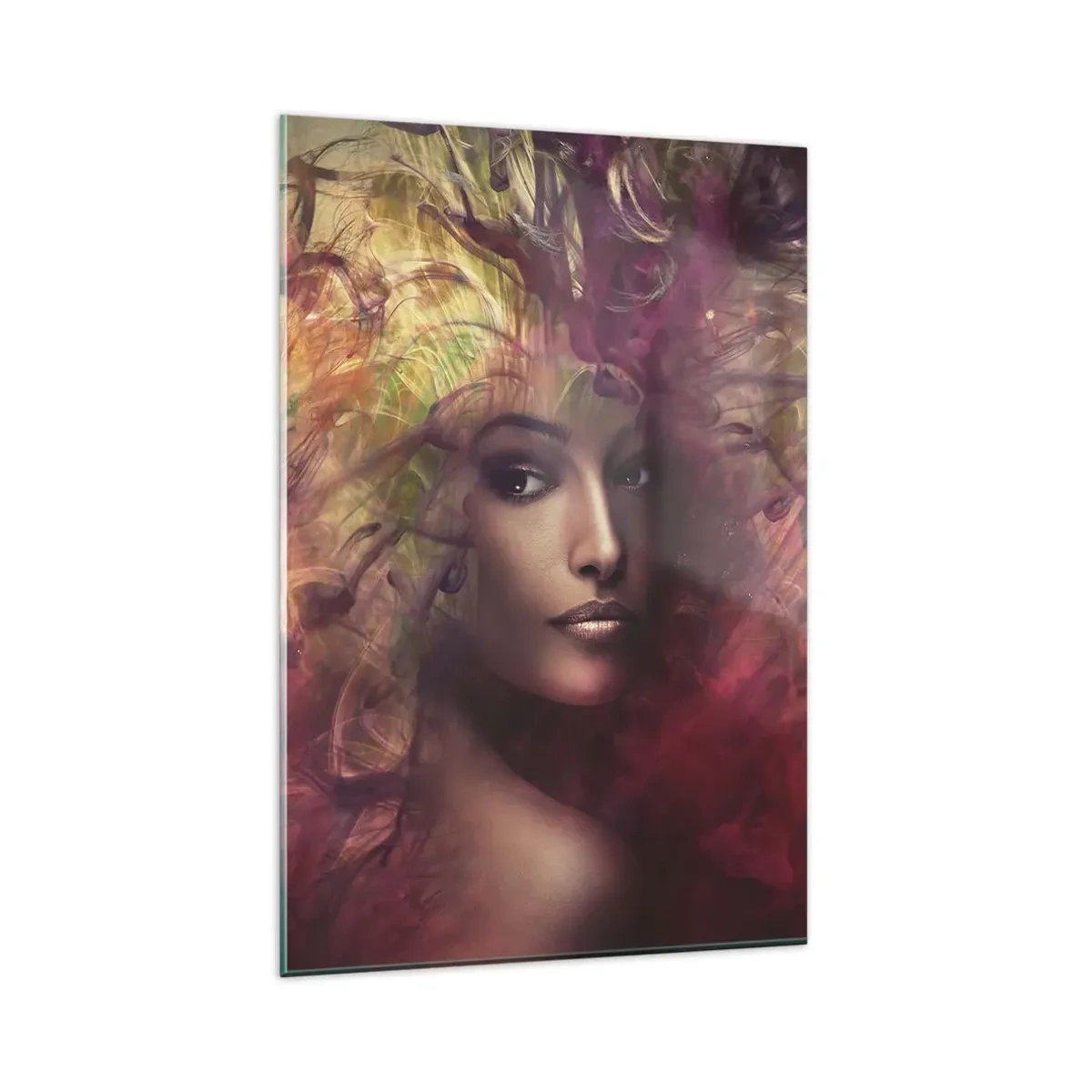 Glasbild - Bild auf glas - Eine Frau in abstrakten Farben, die einen dynamischen Hintergrund schafft - 80x120cm - Ich bin hier! - Moderne Wanddekoration für Wohnzimmer und Schlafzimmer ARTTOR