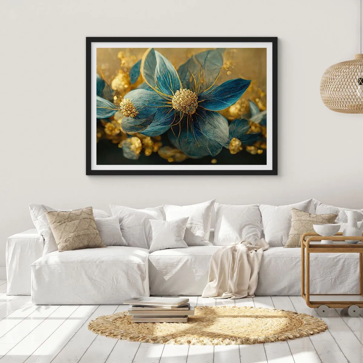 Poster in einem schwarzem Rahmen - Elegante Blumen in Blau- und Goldtönen - 100x70cm - Mit Gold blühen - Moderne Wanddekoration für Wohnzimmer und Schlafzimmer ARTTOR