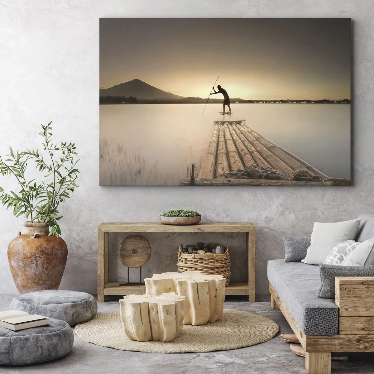 Bild auf Leinwand - Leinwandbild - Mann auf einem Floß bei Sonnenuntergang - 70x50cm - Vor dem schlafen gehen - Moderne Wanddekoration für Wohnzimmer und Schlafzimmer ARTTOR