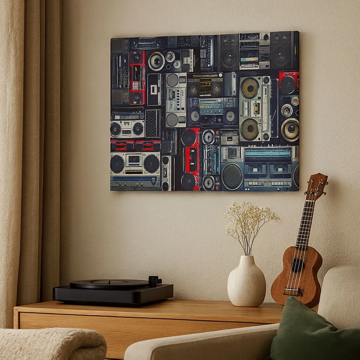 Bild auf Leinwand - Leinwandbild - Eine Collage aus Retro-Tonbandgeräten und Vintage-Lautsprechern. - 70x50cm - Sehnsucht nach den 1980er Jahren - Moderne Wanddekoration für Wohnzimmer und Schlafzimmer ARTTOR