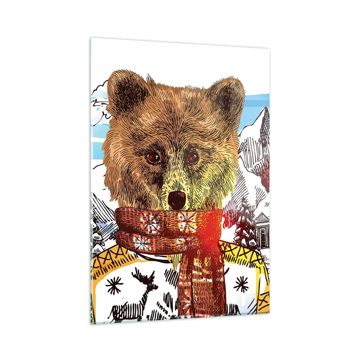 Glasbild - Bild auf glas - Ein Bär in Pullover und Schal mit Bergen und einem Haus im Hintergrund. - 50x70cm - Die Bärenhütte - Moderne Wanddekoration für Wohnzimmer und Schlafzimmer ARTTOR