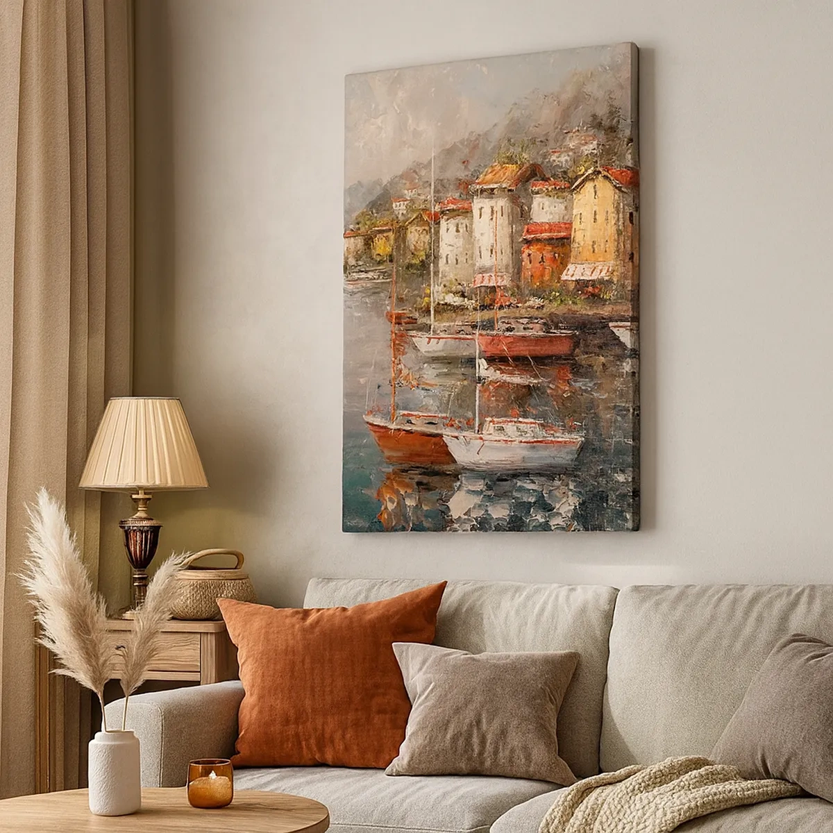 Bild auf Leinwand - Leinwandbild - Küstenlandschaft mit Booten und bunten Häusern - 50x70cm - Romantische Oase - Moderne Wanddekoration für Wohnzimmer und Schlafzimmer ARTTOR
