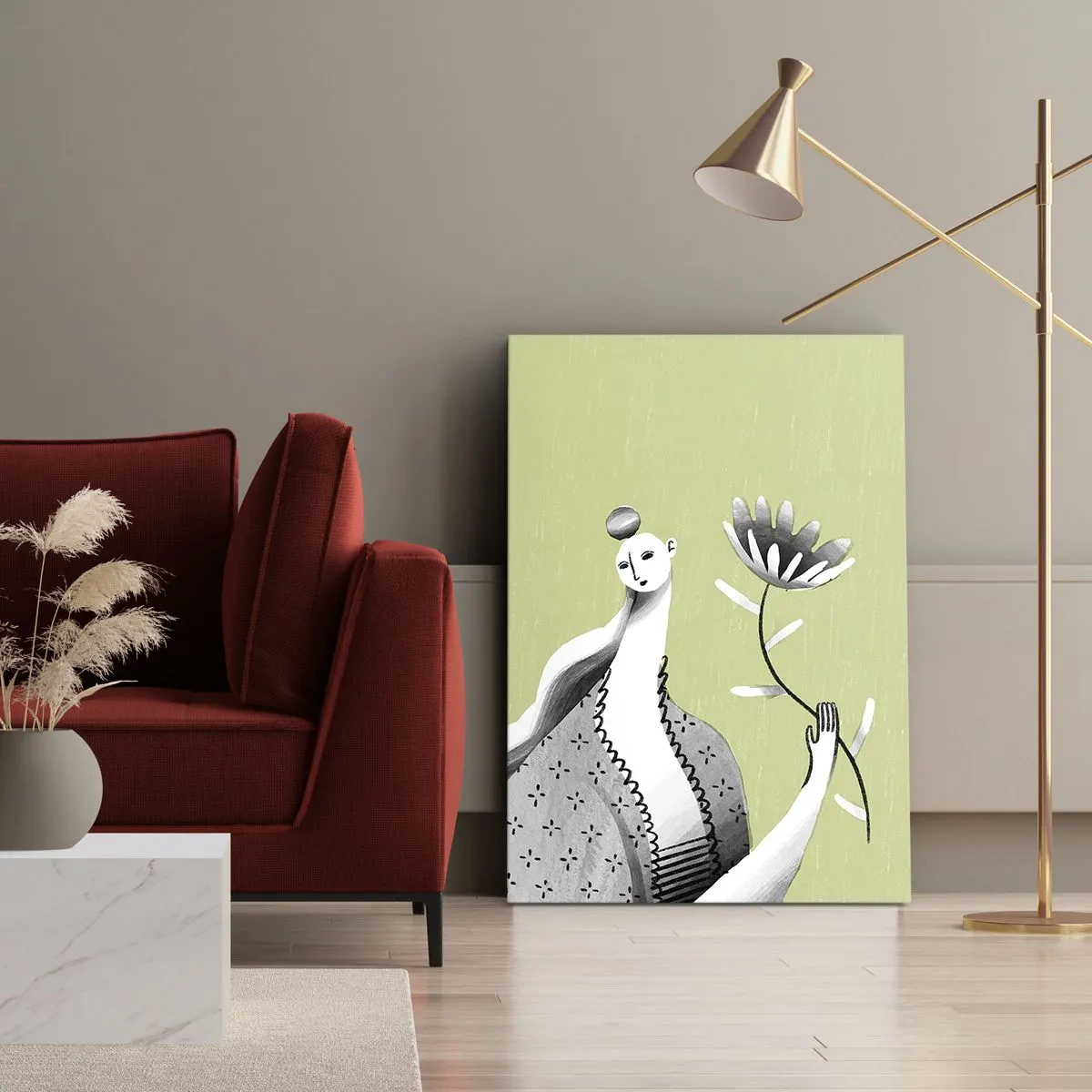 Bild auf Leinwand - Leinwandbild - Modernistisches Porträt – eine Blume haltend - 45x80 cm