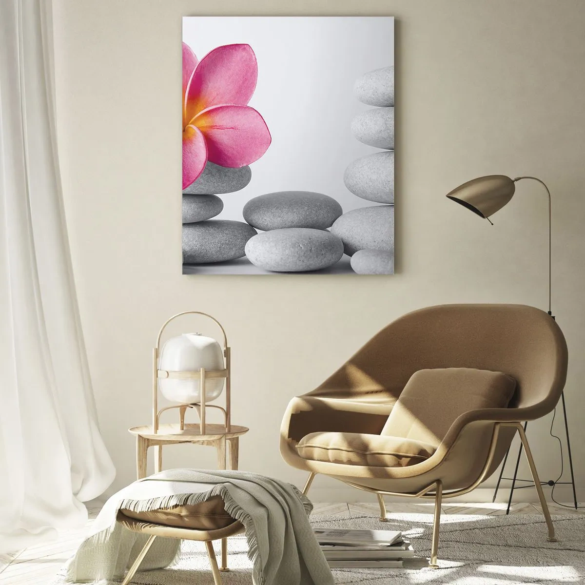 Glasbild - Bild auf glas - Rosa Blume auf Steinen im Zen-Stil - 70x100cm - Stein auf Stein und auf diesem Stein... - Moderne Wanddekoration für Wohnzimmer und Schlafzimmer ARTTOR