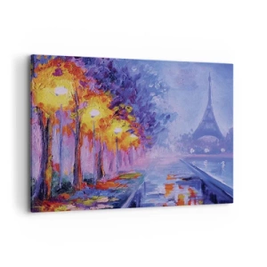 Bild auf Leinwand - Leinwandbild - Eine Allee mit Lampen in Paris mit dem Eiffelturm im Hintergrund - 120x80cm - Ein Traumspaziergang - Moderne Wanddekoration für Wohnzimmer und Schlafzimmer ARTTOR