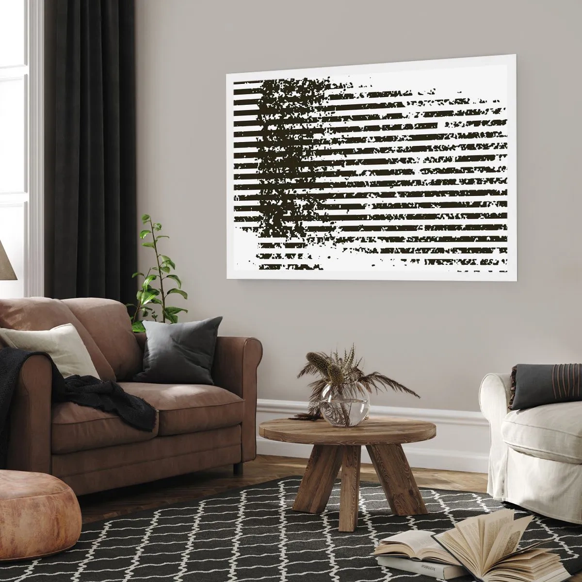 Poster - Abstrakte Linien mit Distressed-Effekt in Schwarz und Weiß - 100x70cm - Rhythmus und Rauschen - Moderne Wanddekoration für Wohnzimmer und Schlafzimmer ARTTOR