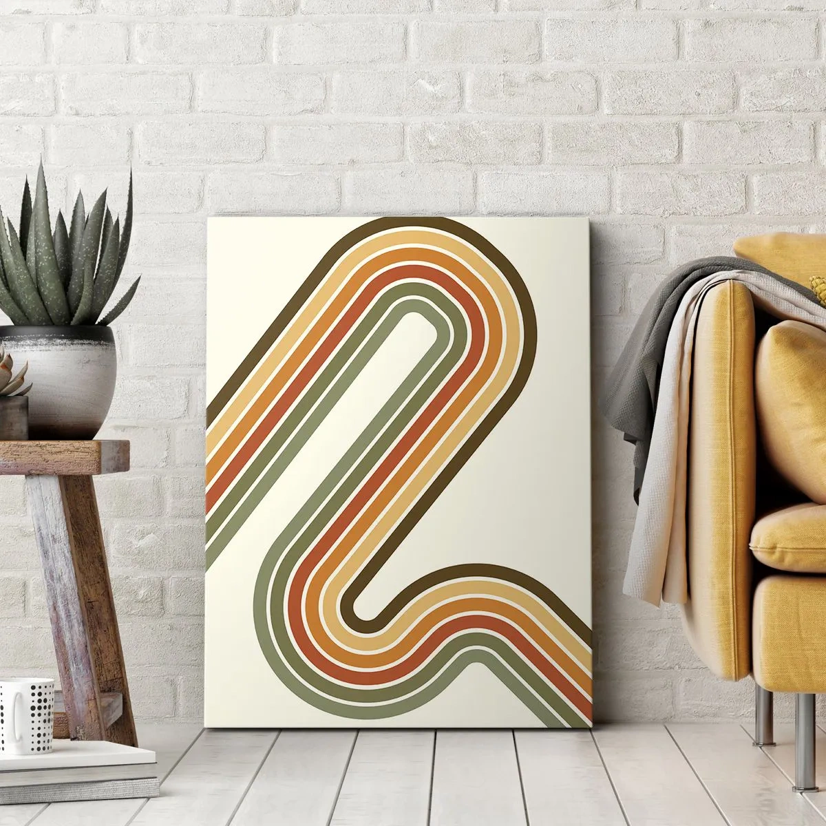 Bild auf Leinwand - Leinwandbild - Geometrisches Muster in Grün-, Orange- und Beigetönen auf hellem Hintergrund - 70x100cm - Zickzack zum Ziel - Moderne Wanddekoration für Wohnzimmer und Schlafzimmer ARTTOR