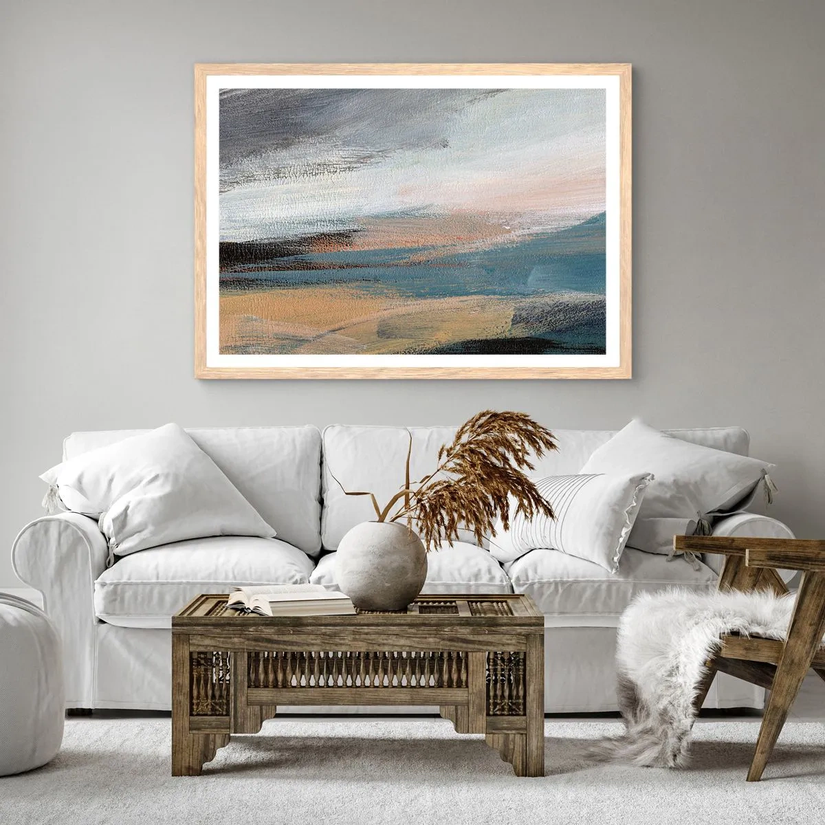 Poster in einem Rahmen aus heller Eiche - Abstraktion: nördliche Landschaft - 91x61 cm