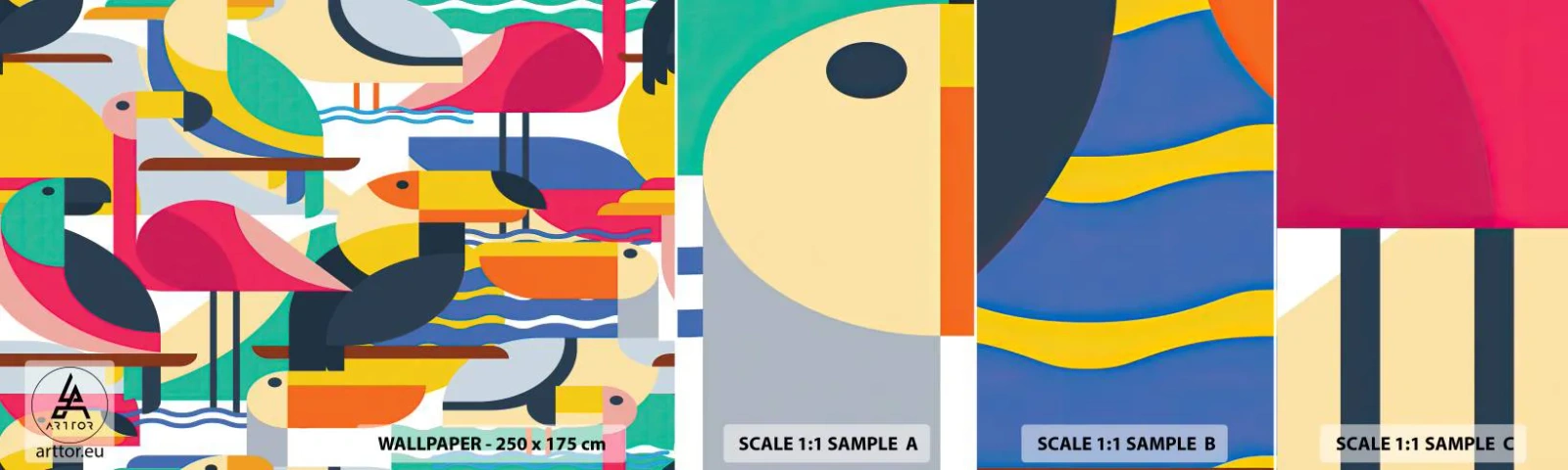 Fototapetenmuster Standard Eco - Vogelparty - Abstraktion, Pelikan, Stück - 100x30 cm